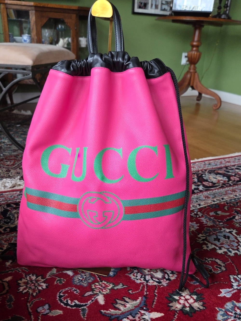 Gucci Hot Pink Leather Drawstring Backpack with Green Logo